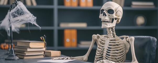 A skeletal figure sitting at a desk surrounded by cobwebs and books, creating an eerie Halloween atmosphere.