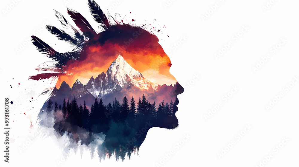 Poster Native american silhouette, head morphing into mountains, landscape, feathers or totem animal, watercolor style, ai generative. Native American. Illustration