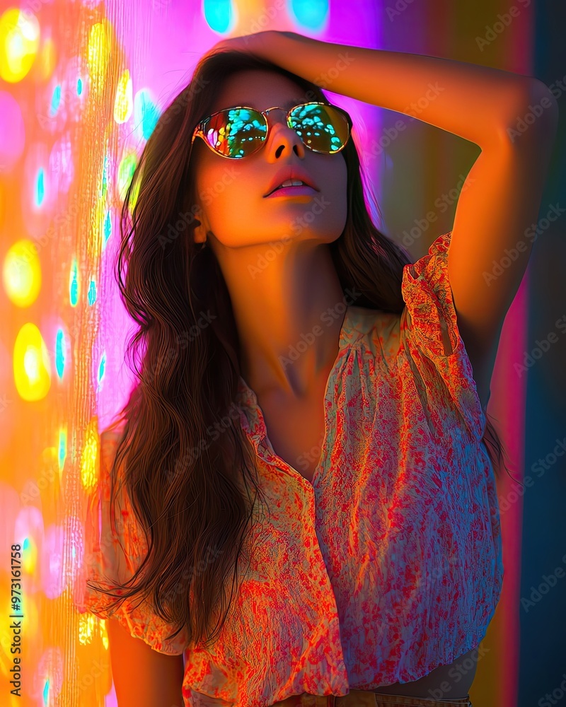 Canvas Prints a stylish young woman poses gracefully against a colorful backdrop, wearing chic sunglasses and exud