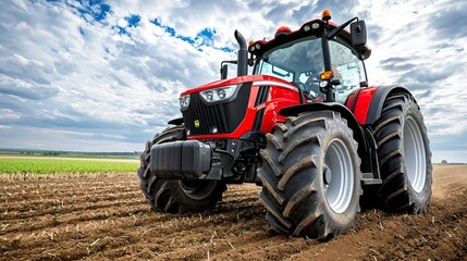 Obraz premium Side view of unrecognizable farmer driving tractor while working soil of agricultural field under cloudy sky on sunny day. Copy space. Realistic photo.