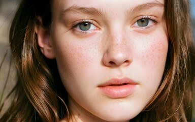 Fototapeta premium Sunlit Freckles: A Close-Up of a Freckle-Covered Girl Radiating Natural Beauty in Soft Sunlight, with Every Pore and Stray Hair Glowing Gently, Her Eyes Shimmering in the Warm Glow
