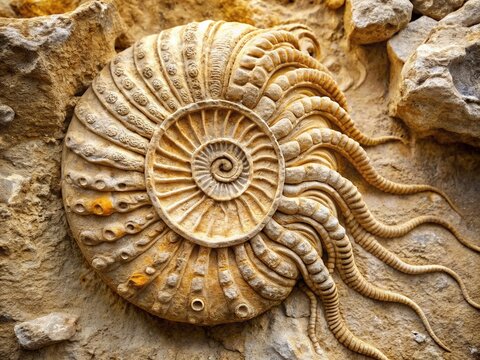 A beautifully preserved cephalopod fossil, with intricate shell patterns and delicate tentacle impressions, sits nestled in a layered limestone rock formation, ancient and serene.