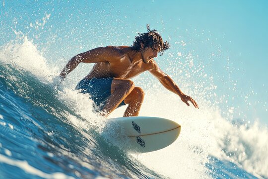 A man surfing on a bright sunny day at the beach, skillfully riding a wave while enjoying the ocean