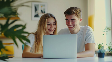 Young couple of students collaborating on a laptop in a bright, cozy study space surrounded by plants during the day