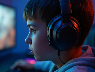 Jugendlicher Gamer beim Spielen im Dunkeln

