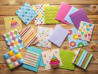 A colorful array of blank birthday cards with various designs, patterns, and colors lie scattered on a wooden table, awaiting personalized messages and signatures.