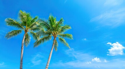 Three palm trees against a bright blue sky with white clouds.