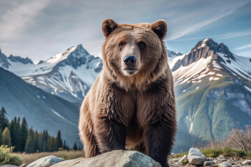 Obraz premium Grizzly Bear Standing in Front of a Mountain Range