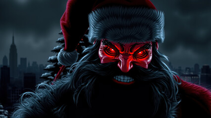 Santa with an intense gaze and city background
