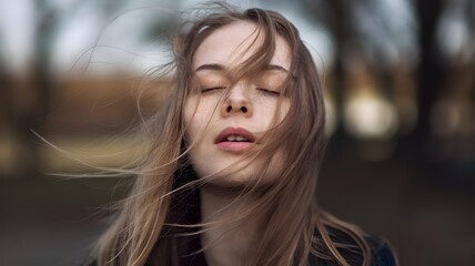 Naklejka premium Elegance in the Breeze: A Close-Up of a Woman’s Face Caressed by Wind-Blown Strands of Hair, Her Dewy Skin and Intense Expression Framed by Delicate Hair Strands Floating in Soft, Ambient Light