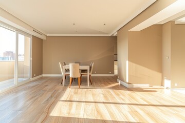 Fototapeta premium A large, open room with a wooden floor and a large table in the center,generative ai image