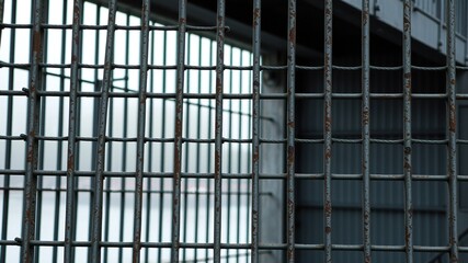 A heavy steel grid with vertical bars and horizontal wires, imposing a sense of confinement and isolation behind a cold, hard, industrial enclosure.