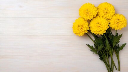 Fototapeta premium Yellow flowers on wooden background with copy space.