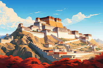 Obraz premium illustrated pop art style forbidden city of lhasa, city of lhasa pop art style