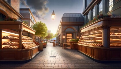 Obraz premium charming bakery interior. The space features a large display case filled with various types of bread and pastries, showcasing an inviting assortment. The warm wooden tones of the furniture and display