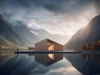 Fototapeta premium Modernes schwimmendes Haus auf ruhigem See inmitten der Berge - Ai-Ki generiert