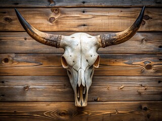 A majestic bleached longhorn bull skull, magnificently preserved in taxidermy, proudly displays its rugged beauty on a sturdy wooden board.
