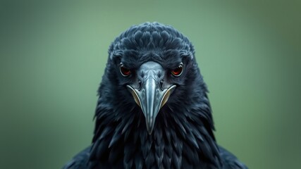 A majestic, ebony-feathered raven's head, eyes piercing with intelligence, gazes directly at the viewer, set against a subtle, gradient background of muted greens and blues.