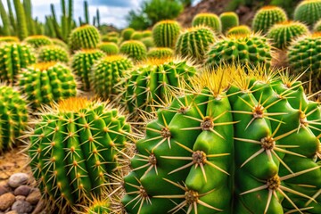 Fototapeta premium A majestic hedge cactus showcases desert resilience with its dense, sharp spines and vibrant green pads, symbolizing survival in the harshest environments.