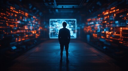 person observing digital interface in futuristic space