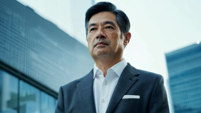 Ann Asian middle-aged man with short dark gray hair, wearing a gray suit, standing outdoors with modern glass buildings in the background in natural light.