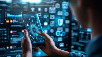 A cybersecurity expert reviews mobile device settings, focusing on privacy and security options with highlighted features Close-up photo with clean background