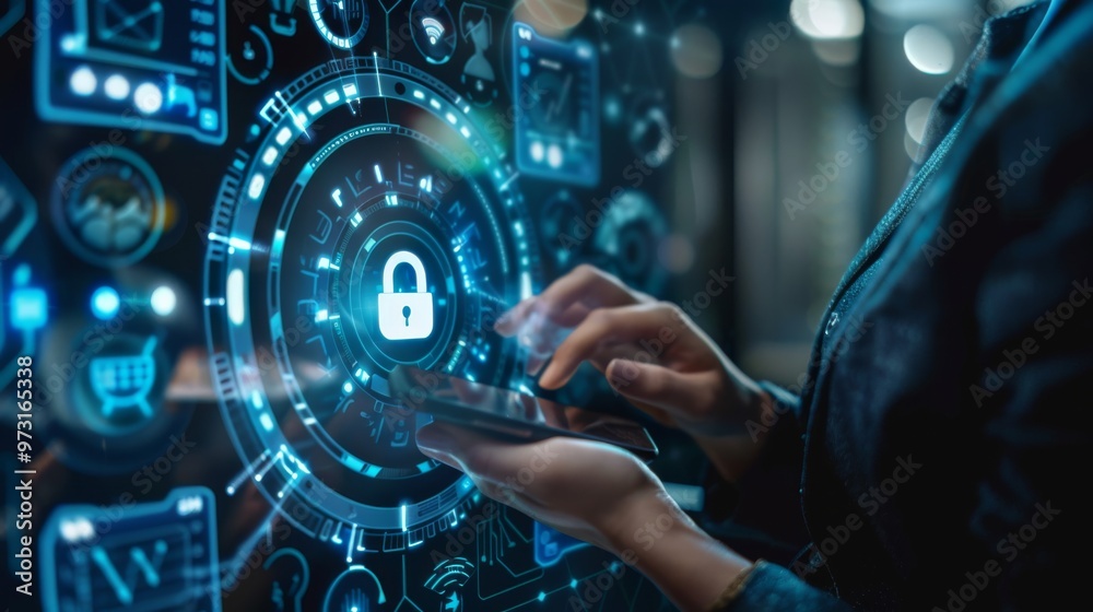 Aufkleber A cybersecurity expert reviews mobile device settings, focusing on privacy and security options with highlighted features Close-up photo with clean background