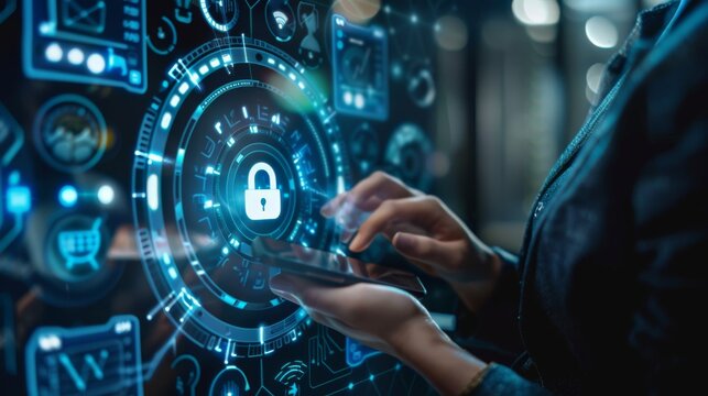 A cybersecurity expert reviews mobile device settings, focusing on privacy and security options with highlighted features Close-up photo with clean background