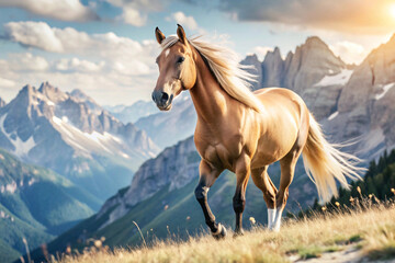 Obraz premium Palomino Horse Running on Mountain Meadow with Snowy Peaks in Background