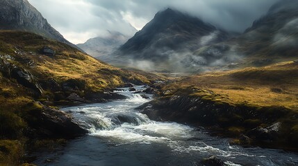 Obraz premium A fast flowing river cascades down the side of a mountain, with mist and clouds rolling over the top.