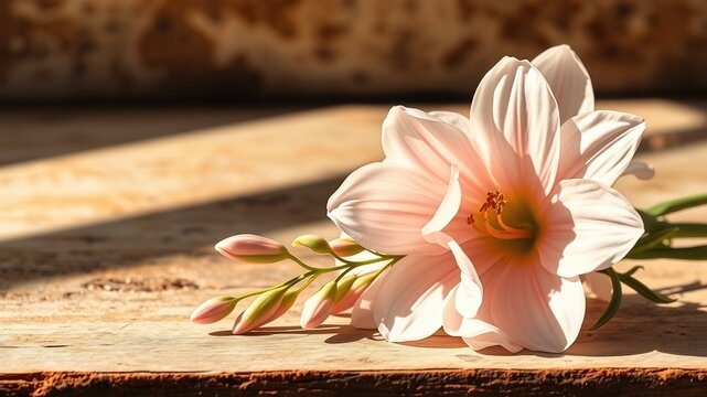 A serene still life composition features a delicate dallia flower arrangement in soft pastel hues, set against a rustic textured background of earthy tones and warm sunlight.