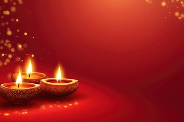 Happy Diwali Diya oil lamps on red background Greetings Card Design Copy space banner format with generative ai