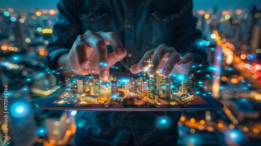 Poster a man is using a tablet to touch a cityscape