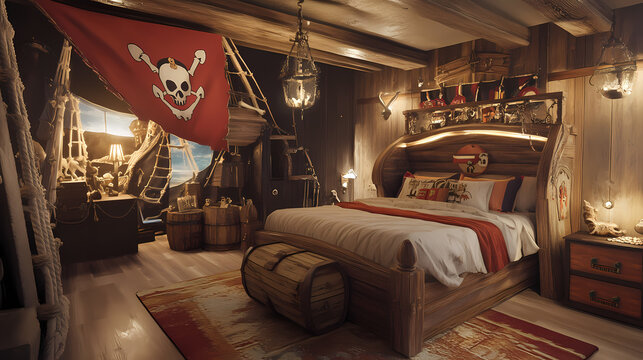 Magical pirate ship themed bedroom with treasure chest decor childrens fantasy interior. Pirate Ship. Illustration