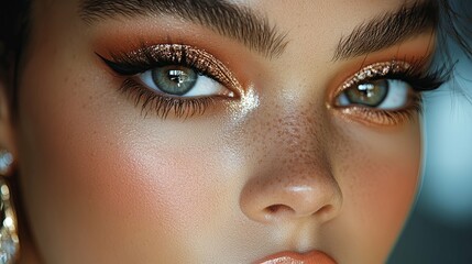 Fototapeta premium Close-up of a Woman's Eye with Glittery Makeup and Freckles