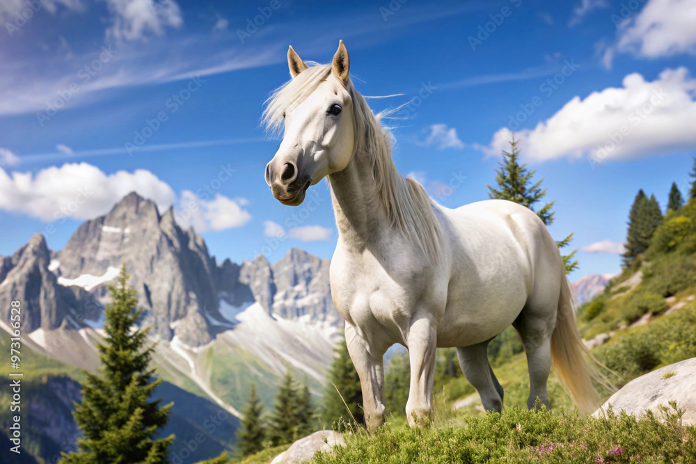 Wall mural white horse standing in mountainous landscape