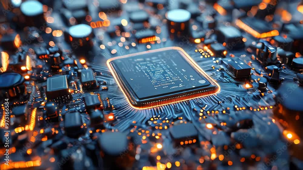 Poster computer futuristic boards with microchips energy chips and transistors on high tech computer abstra