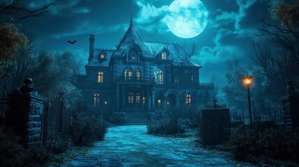 3D illustration of a Halloween concept background of realistic horror house and creepy street with moonlight.
