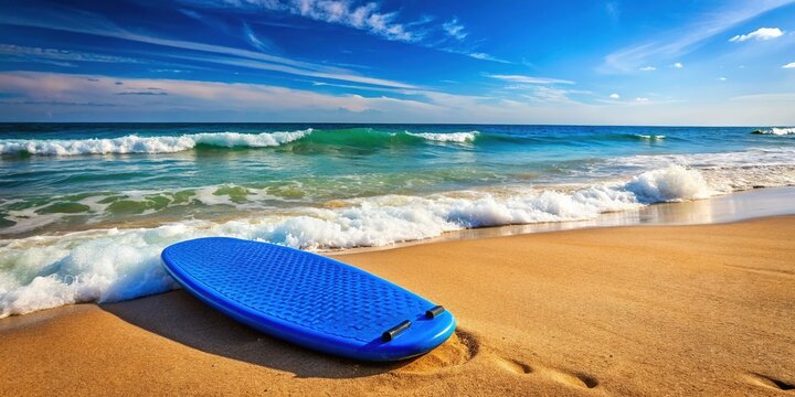 A vibrant blue boogie board rests on the sandy beach, where waves crash against the shore in a soothing symphony.