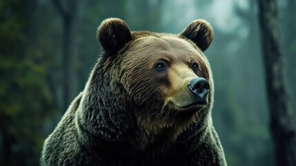 Fototapeta premium A close-up view of a beautiful bear looking away with a blurred nature background - Bear portrait illustration - Wildlife concept