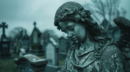 Obraz premium A grieving angel statue with a bowed head, surrounded by faded gravestones, under a cloudy sky creating a moody atmosphere.
