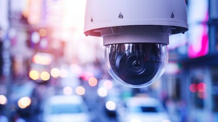 A high-resolution surveillance camera affixed to a building in a busy urban area, designed to monitor both pedestrian and vehicular traffic.