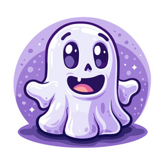 A cartoon ghost with a big smile on its face. The ghost is white and purple. It is standing in a purple background