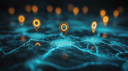 A digital map featuring interconnected location pins, symbolizing global network connectivity and geographic information technology. Concept of global connections and geolocation maps for business.