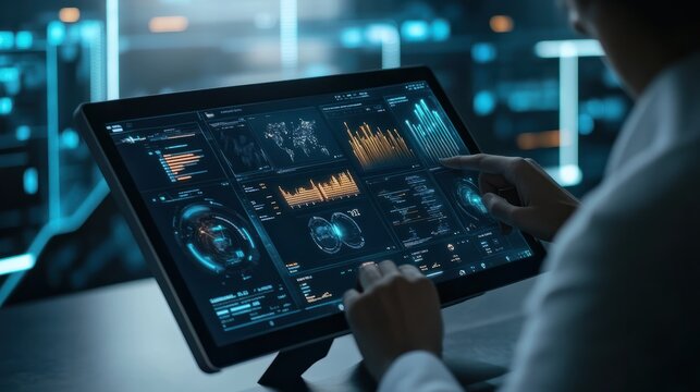 A digital marketer analyzing data on a tablet with a virtual dashboard displaying key performance indicators and global reach metrics