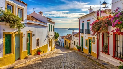 Fototapeta premium Charming whitewashed houses and historic buildings line the picturesque streets of Ferragudo, a traditional Portuguese fishing village on the Algarve coast.