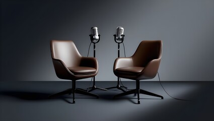  Two chairs with microphones set against a dark background, ideal for interviews or discussion