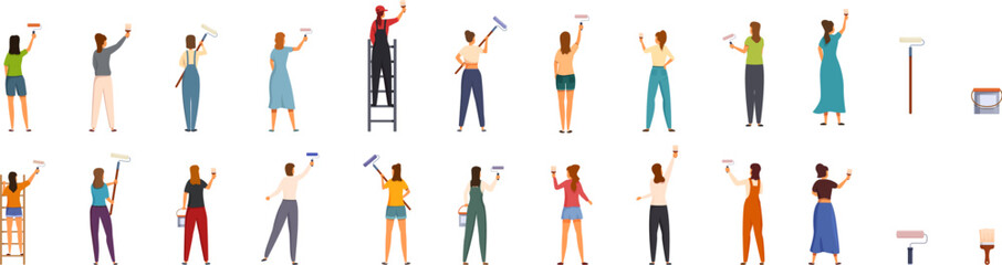 Woman wall painting icons set. Large group of painters painting a wall using paint rollers and brushes seen from behind