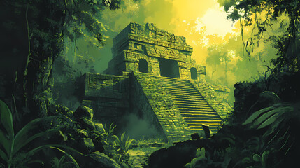 Obraz premium Mayan temple ruins in jungle, green and brown, historical and adventurous. Mayan Temple. Illustration