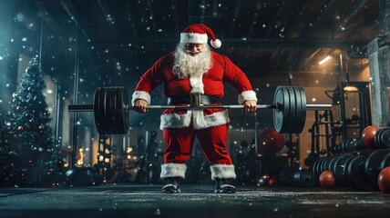 Santa Claus, the bodybuilder, hitting the gym and lifting weights for a festive fitness routine. Perfect for Christmas promotions and holiday season fitness campaigns.